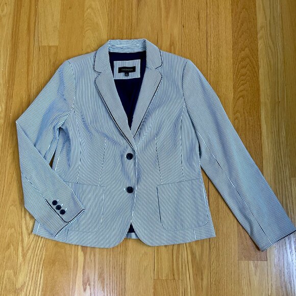 Talbots Blazer Pinstripe Cotton Gray White (8) - Picture 5 of 10